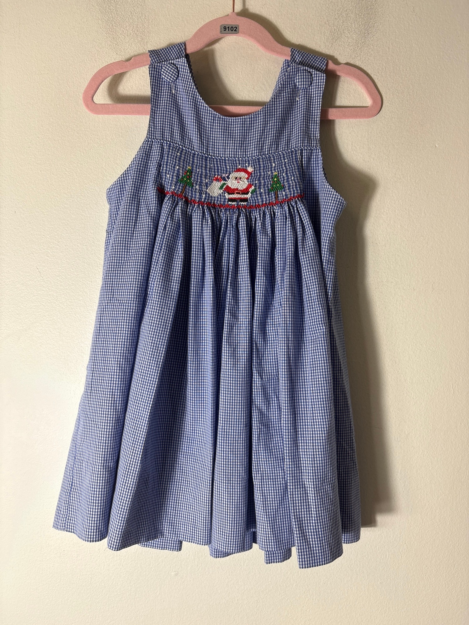 Girls Vintage Amanda Remembered Blue And White Check Smocked Santa Dress Sz 3